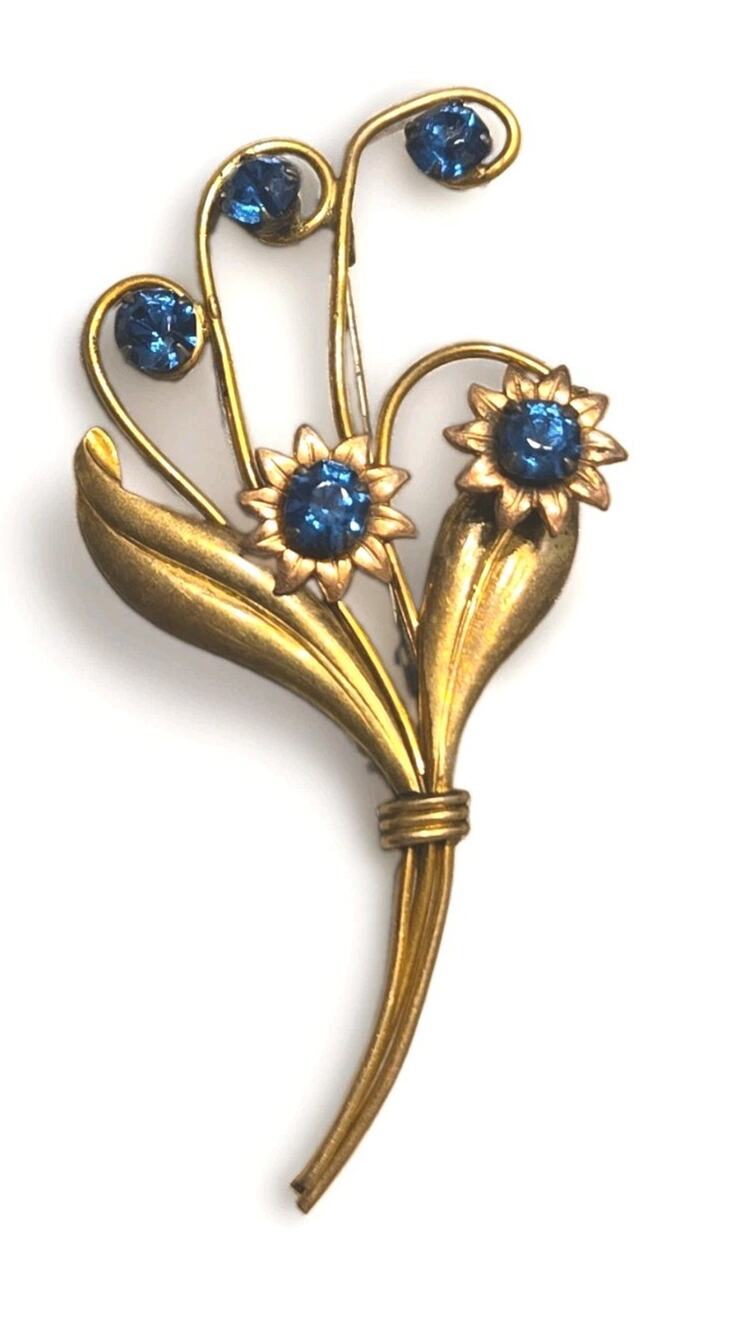 Vintage Harry Iskin HI Brooch 12K Gold Filled Floral Spray Blue Rhinestones 3"